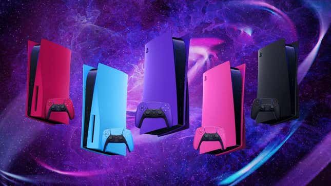 PlayStation 5カラープレートが宇宙の背景の前に浮かんでいます。 